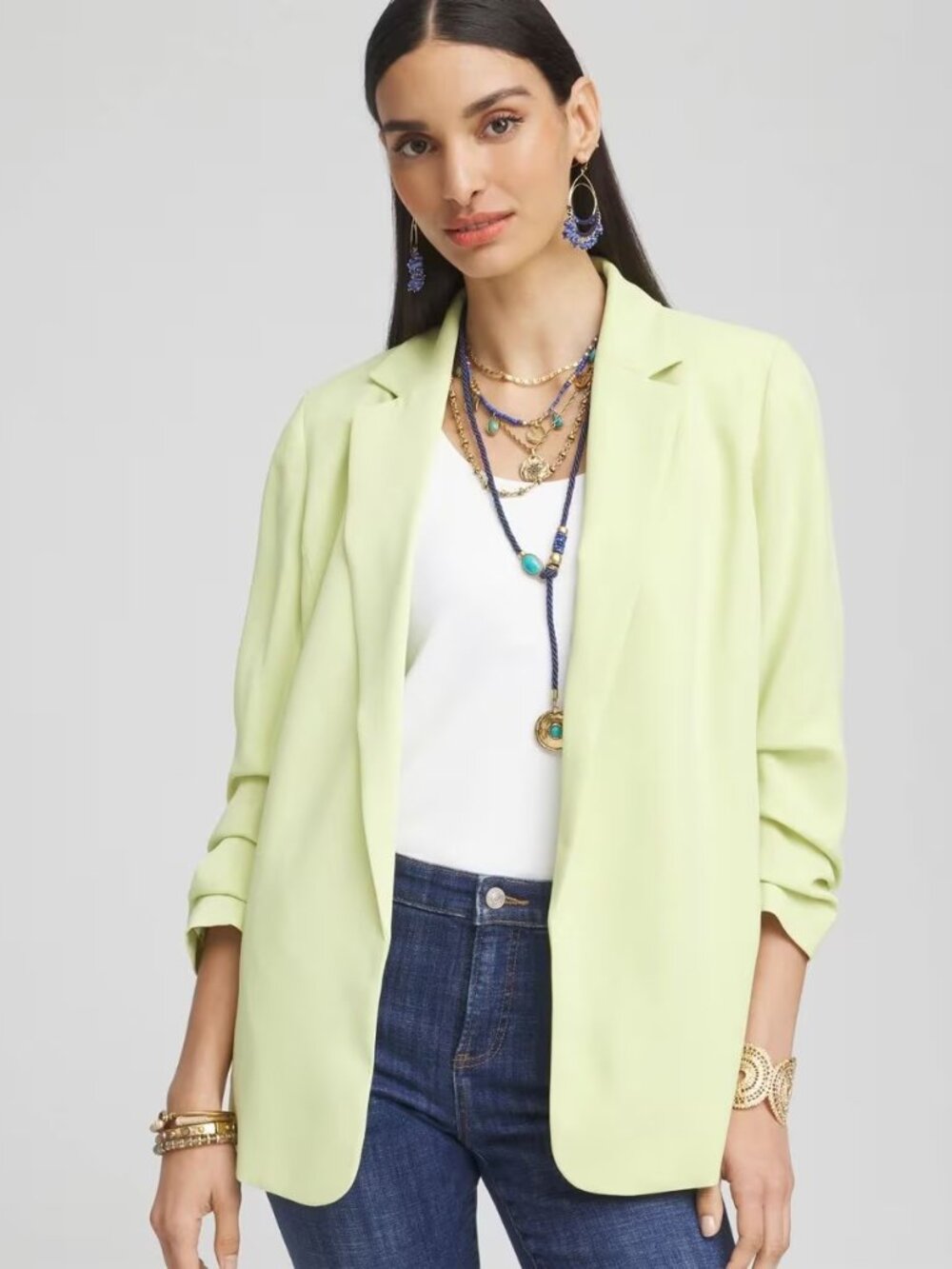 Chico's Notched-Lapel Ruched Sleeve Blazer Frozen Lime NWT sz 2.5 14